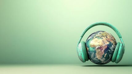 Earth with rustic green headphones on a green background.