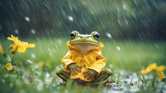 Rainfrog Sitting on Yellow Flower in Rainy Meadow