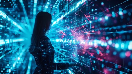 Fototapeta premium Digital technology, internet network connection, big data, digital marketing LOT internet of things. Woman using modern computer surfing internet futuristic metaverse, innovative technology background