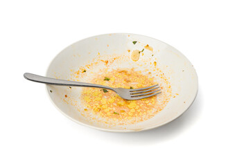 Dirty Plate Isolated, Empty Bowl after Dinner, Finished Lunch, Oil and Smeared Sauce on White Plate