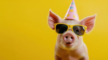 Cute Party Pig Wearing Sunglasses and Birthday Hat on Yellow Background