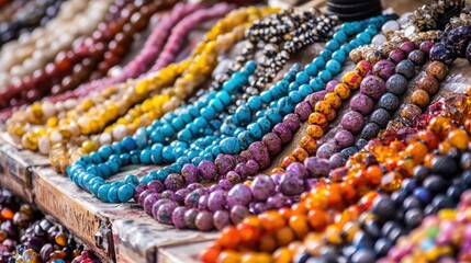 An array of colorful gemstone necklaces displayed on a market stall, representing global crafts and jewelry trade