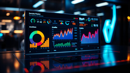 A digital dashboard displaying vibrant charts, pie graphs, and analytics overlaid on a sleek, futuristic background