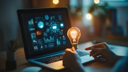 E-learning education concept. Personal development, learning online with webinar, video tutorial, internet lessons. Person holding light bulb with education icon on virtual screen. 