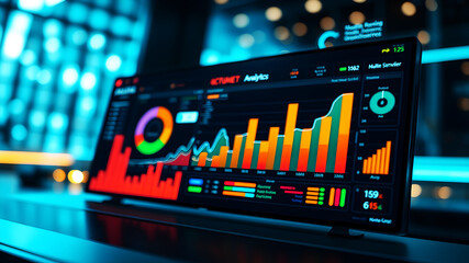 A digital dashboard displaying vibrant charts, pie graphs, and analytics overlaid on a sleek, futuristic background