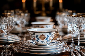 Fototapeta premium Elegant table setting with floral decorations and fine china