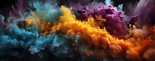 Colorful clouds of smoke in vibrant hues such as blue, yellow, purple, and orange against a dark background. The blend of colors and movement of the smoke creates a dynamic and abstract artwork