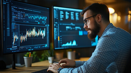Professional analyzing financial data on multiple screens with visualizations and charts representing fintech solutions and digital transactions