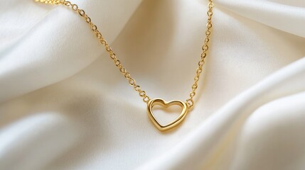 Close-up of a delicate gold necklace with a heart-shaped pendant on a white silk background, capturing elegance and charm