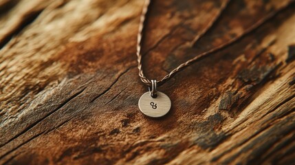 Close-up of a minimalist leather cord necklace with a small silver charm, conveying a rustic and earthy style