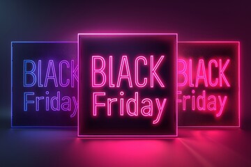 Bright neon signs displaying Black Friday promotions with vibrant colors inviting festive shopping during the holiday season
