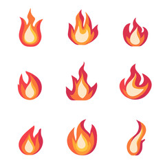 Fire illustration in flat style, vector fire icons set. Fire warning sign.