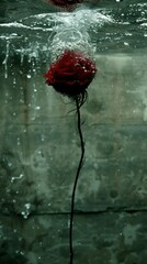 A solitary red rose submerged in water, creating a serene and contemplative atmosphere with droplets glistening on its petals.