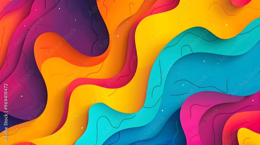 Poster abstract composition featuring flowing layers of vibrant orange, purple, yellow, and turquoise shape