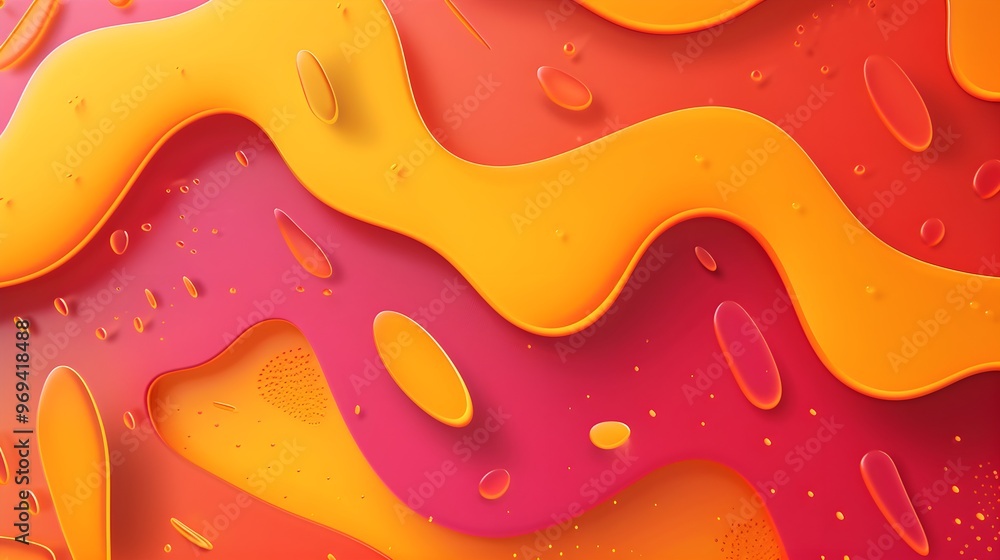 Poster bright abstract design with flowing orange and pink shapes, featuring smooth curves and 3d elements 