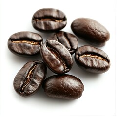 Obraz premium A close-up of rich, dark coffee beans showcasing their glossy texture and unique shape, perfect for coffee lovers and aficionados.