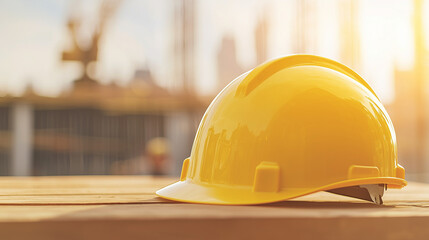A close-up of a yellow protective construction helmet resting on a wooden table, with a construction site background blurred in the distance. photo