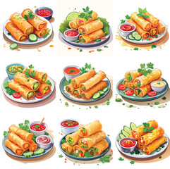  A serving of deep-fried spring rolls with a side of pickled vegetables