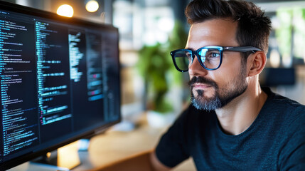 Data scientist working with complex algorithms and predictive models on a high-tech computer in a modern office environment