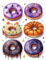 Fototapeta premium Watercolor Halloween donuts set. Colorful spooky Halloween food for holiday designs