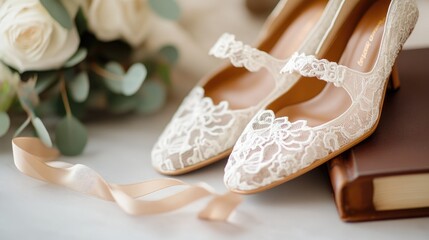 detailed shot of vintage bridal shoes, with delicate lace and ribbon details, placed next to an old leather-bound photo album