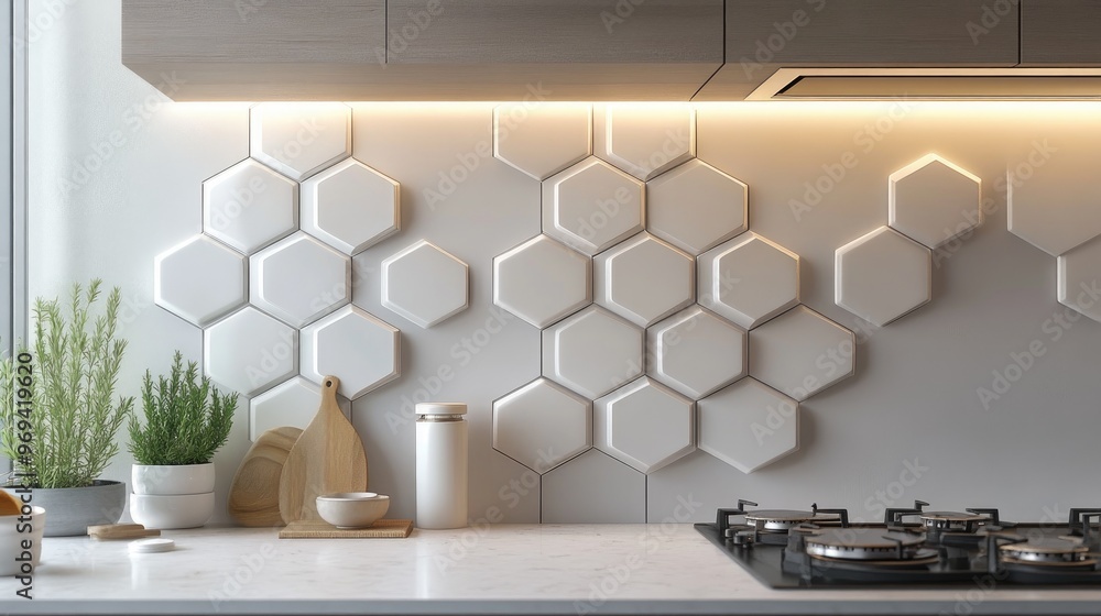 Poster creative use of hexagonal tiles in a modern kitchen backsplash, adding texture and style to home dec