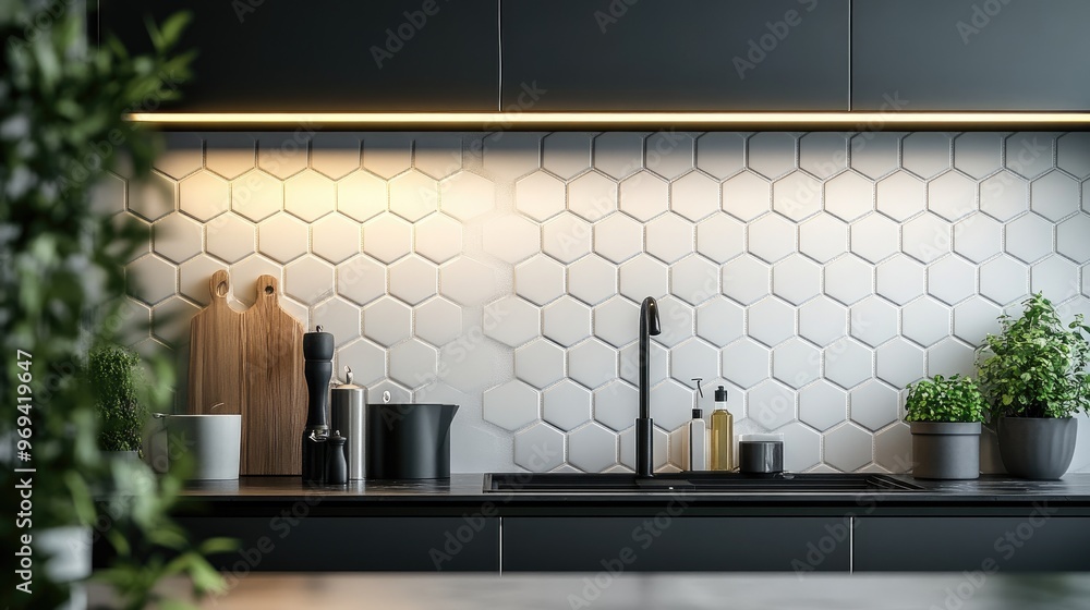 Aufkleber creative use of hexagonal tiles in a modern kitchen backsplash, adding texture and style to home dec