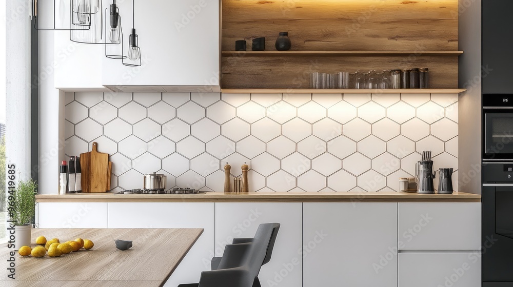 Aufkleber creative use of hexagonal tiles in a modern kitchen backsplash, adding texture and style to home dec