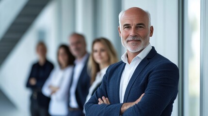 Senior businessman with team, CEO on white 