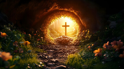 A serene cave with a glowing cross and flowers, symbolizing hope and renewal.