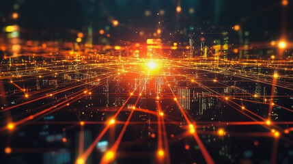 Fototapeta premium Smart digital city with connection cyber security network reciprocity over the cityscape . future smart wireless digital city and social media networking systems that connects people within the city