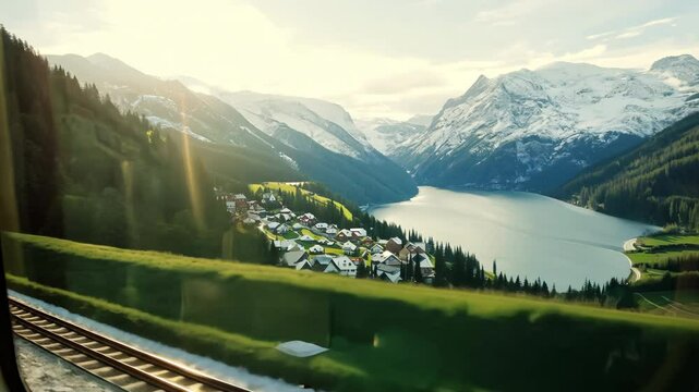 Beautiful view of green mountains from window of passenger train. Fast high-speed train. Railroad travel. Convenient movement. Fast move between cities. Railway road.