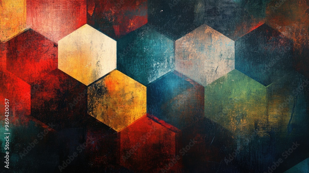 Poster digital art featuring layered hexagonal shapes with varying opacity, creating a sense of movement an