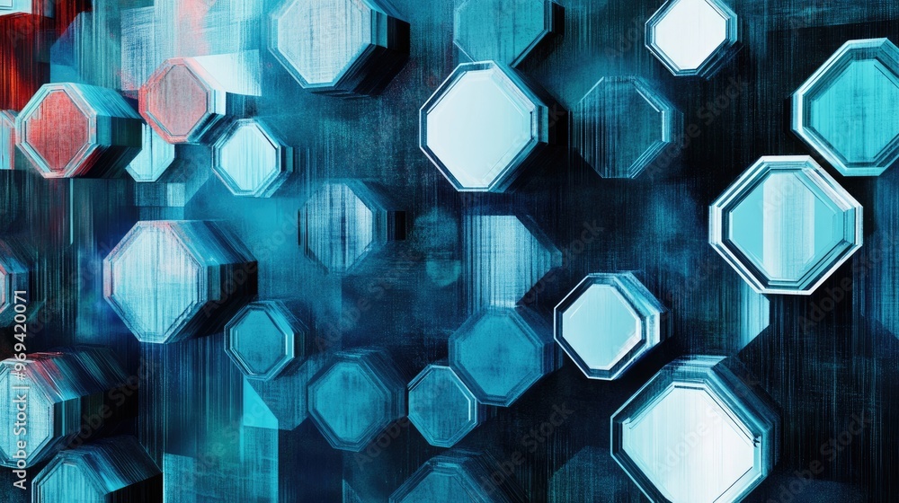 Poster digital art featuring layered hexagonal shapes with varying opacity, creating a sense of movement an