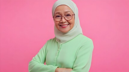 Fototapeta premium Confident Middle-aged Muslim Woman in Green Hijab Smiling Brightly