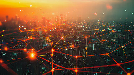 Obraz premium Smart digital city with connection cyber security network reciprocity over the cityscape . future smart wireless digital city and social media networking systems that connects people within the city