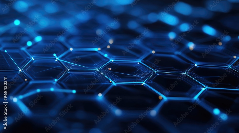 Poster digital hexagonal shapes connected by lines, illustrating network connectivity and digital communica