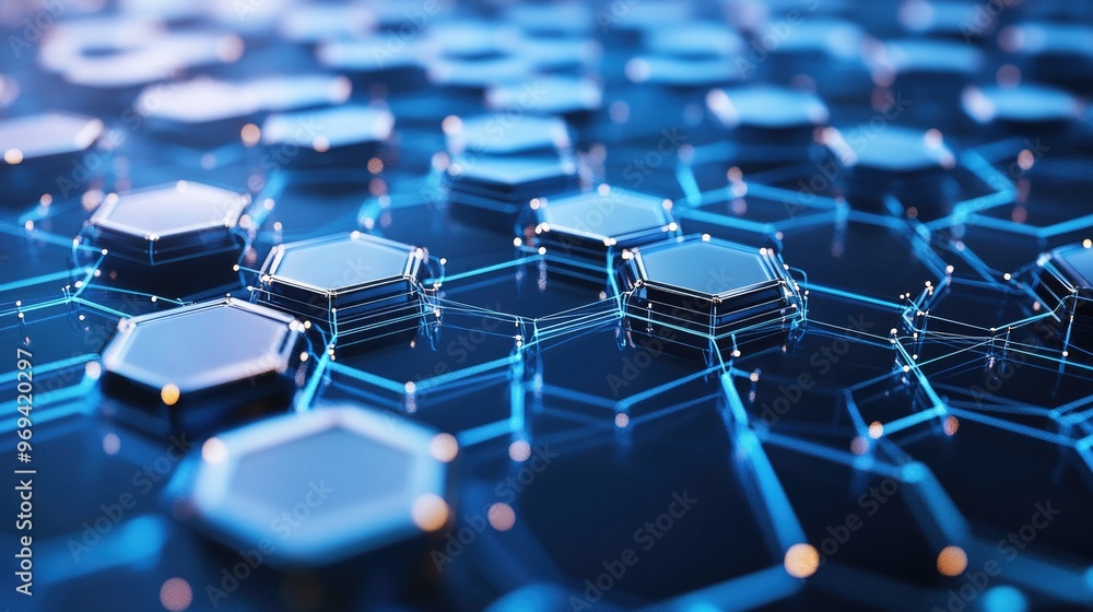 Poster digital hexagonal shapes connected by lines, illustrating network connectivity and digital communica