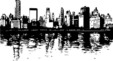 Obraz premium Silhouette of City Skyline Reflecting on Water