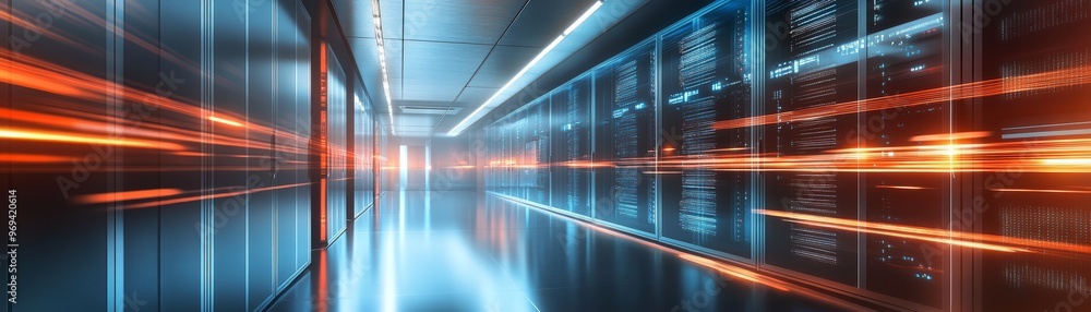 Poster a futuristic data center interior, showcasing sleek servers and dynamic light trails, representing r