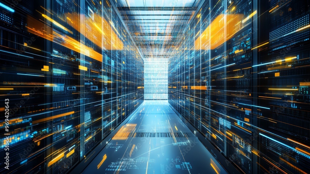 Aufkleber a futuristic data center corridor with vibrant lights and digital patterns, showcasing advanced tech