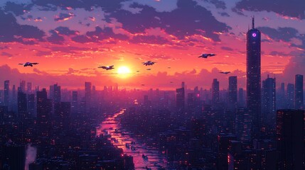 Fototapeta premium Vector design of a futuristic cityscape with flying cars sleek skyscrapers and a glowing sunset on the horizon capturing the energy and innovation of a scifi world
