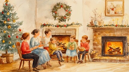 A cozy family gathering by the fireplace, celebrating the warmth of the holiday season with joy and laughter.