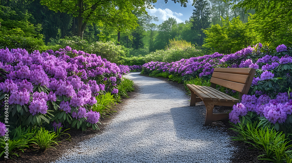 Poster A serene garden path lined with vibrant purple flowers and a wooden bench.