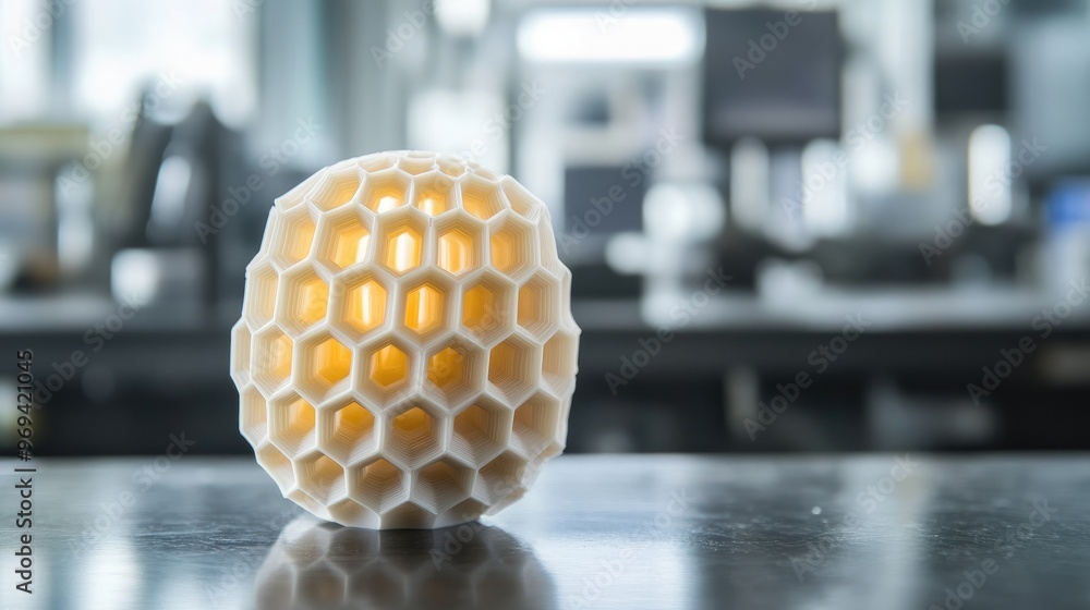 Poster hexagonal grid pattern on a 3d printed object, showcasing advanced manufacturing techniques