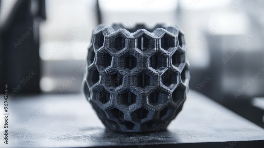 Poster hexagonal grid pattern on a 3d printed object, showcasing advanced manufacturing techniques