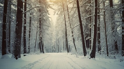 Naklejka premium Winter vintage postcard illustration. Forest in snow. Winter landscape