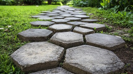 Hexagonal paving stones in a garden path, combining nature with geometric aesthetics for landscape design a3