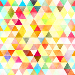 A colorful pattern of overlapping triangles in a watercolor style, creating a vibrant and artistic texture.