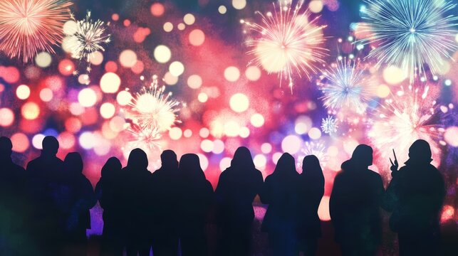 Silhouettes of people enjoying a vibrant fireworks display against a colorful background, capturing a festive atmosphere of celebration.